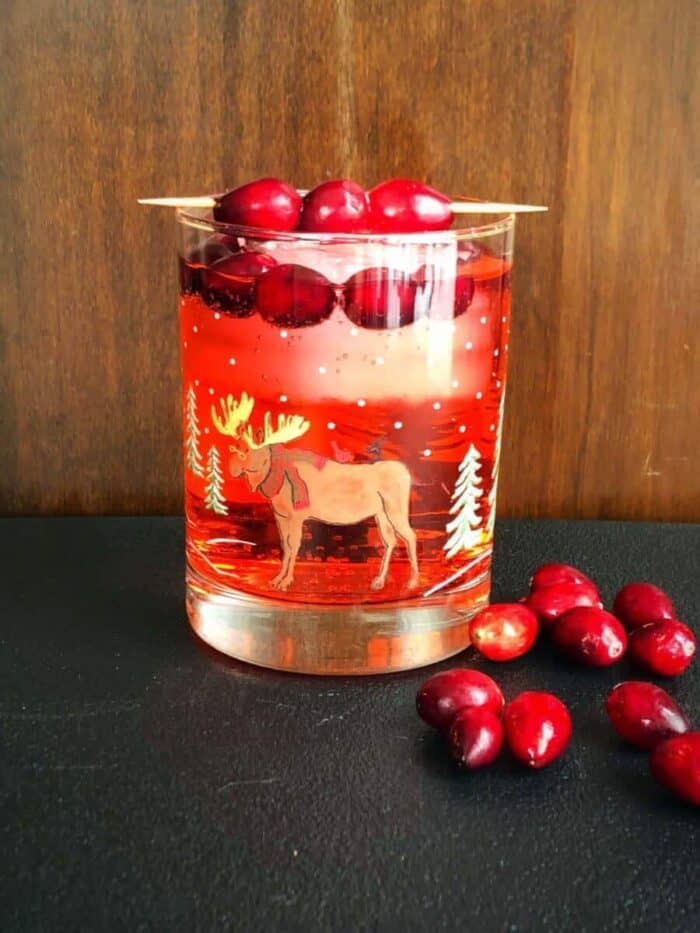 Cranberry Rum Ginger Ale in Festive Tumbler garnish with fresh Cranberries