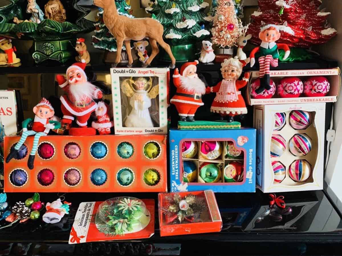 vintage Christmas ornaments display