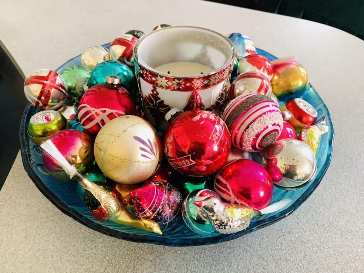 vintage ornaments in a bowl