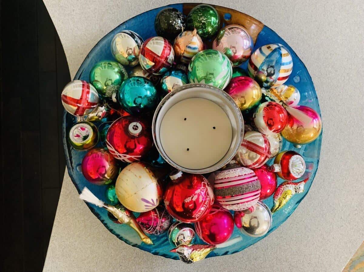 top down shot of vintage ornaments in a bowl