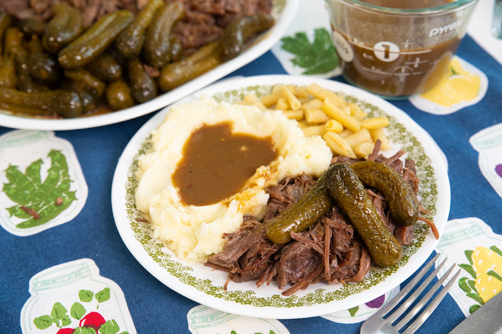 Savory pickles blended into pot-roast gravy.
