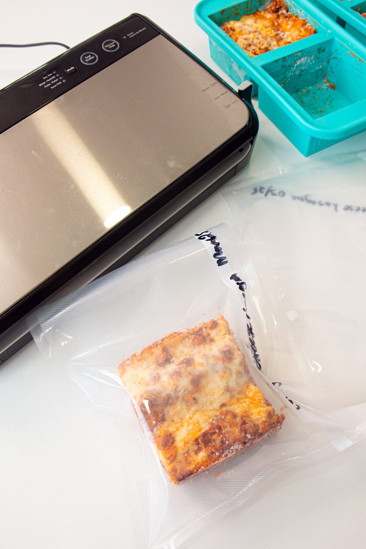 frozen piece of lasagna in a freezer sealing bag