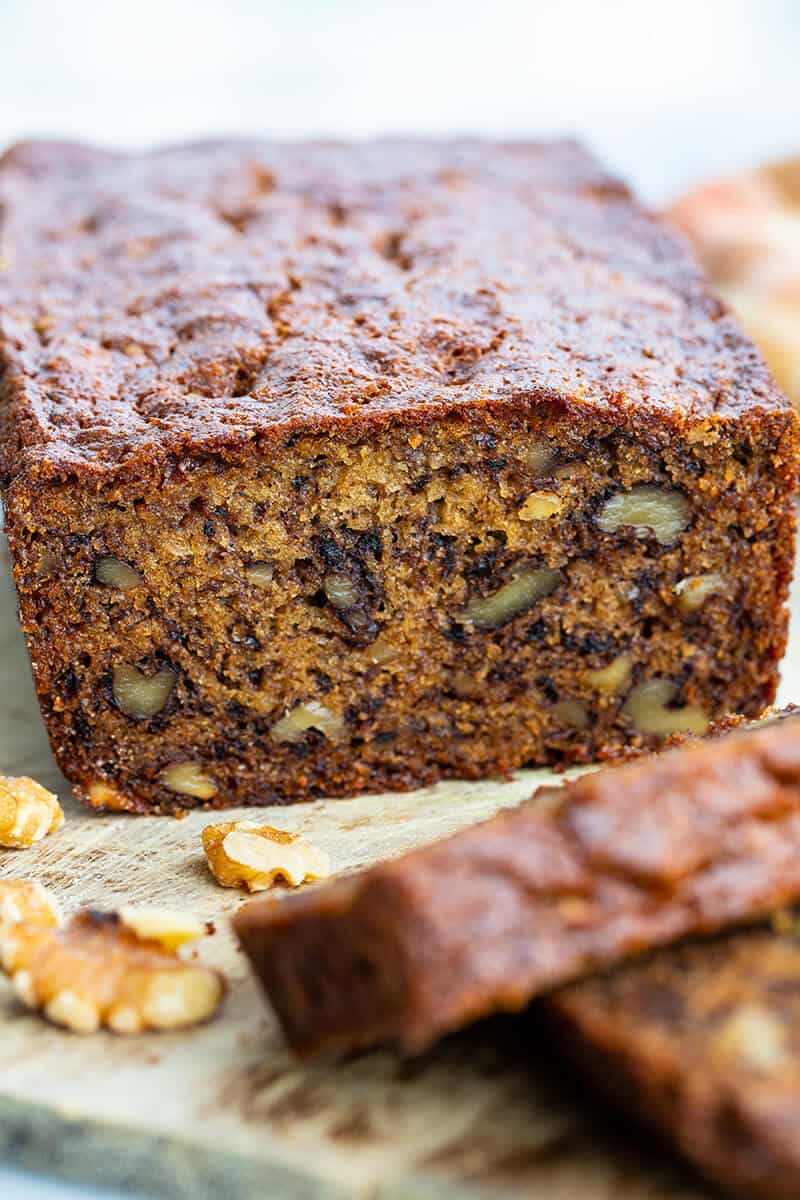 close up loaf of Banana Bread with nuts