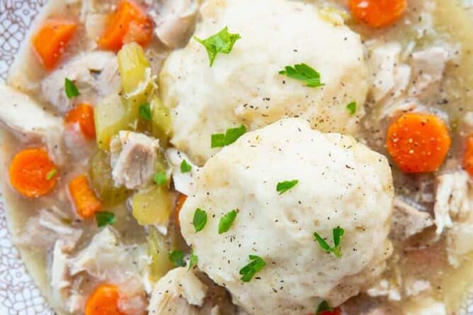 close up Chicken and Dumplings in a large white bowl with sauce and vegetables