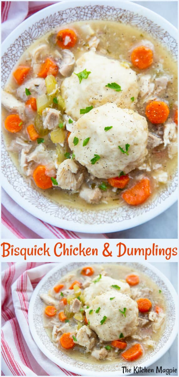 This classic Bisquick™ Chicken and Dumplings is a decadent chicken stew made with a whole chicken from scratch and is chock full of vegetables, - your family will LOVE it! #chicken #dumpling #bisquick