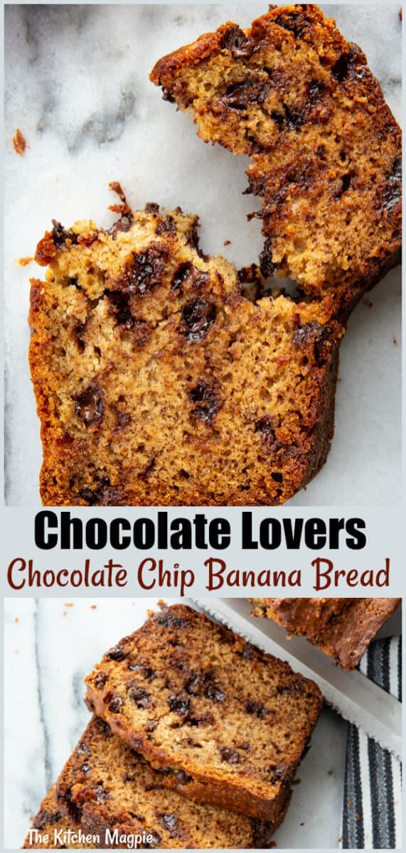 This chocolate chip banana bread recipe is loaded up with two types of chocolate, is moist, decadent and the perfect way to use up your bananas! #banana #bread #chocolate