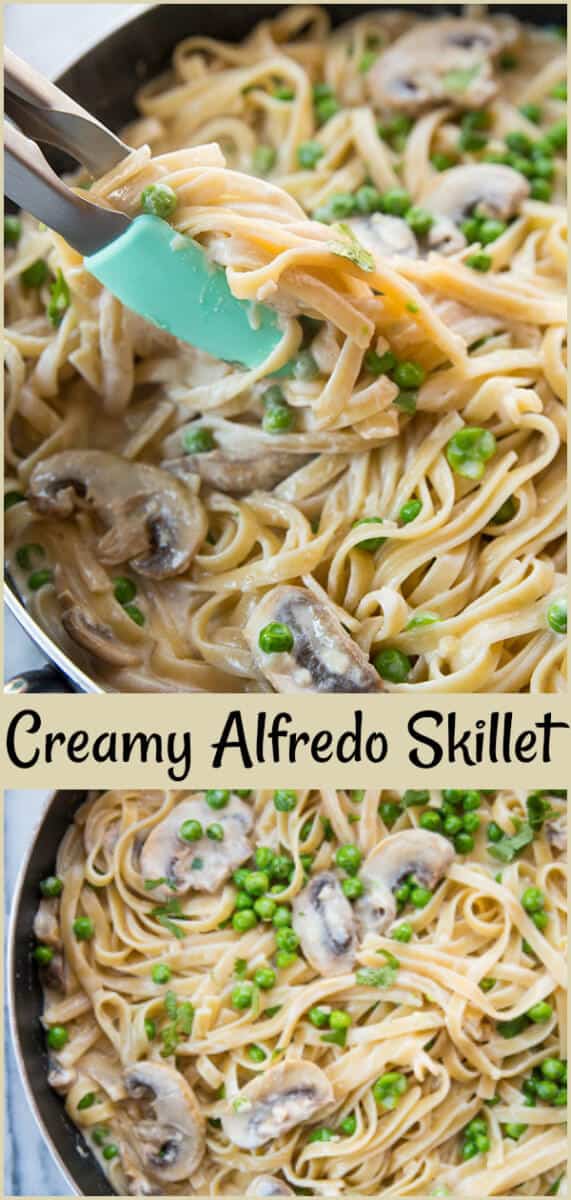 Creamy garlic Alfredo sauce is combined with fresh mushrooms, peas and fettuccine noodles to make the perfect easy skillet dinner for your family! #alfredo #fettuccine #pasta 