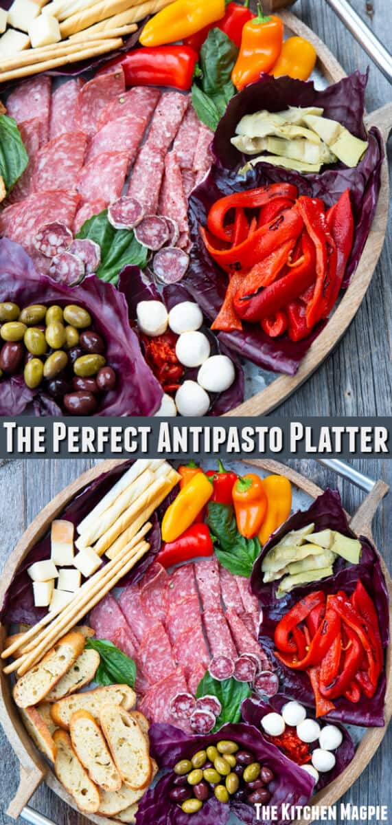  This antipasto platter of cured meats, olives, cheese, crostini, bread sticks, peppers, artichokes and more is an easy, simple and very popular party appetizer board! #antipasto #appetizer #party