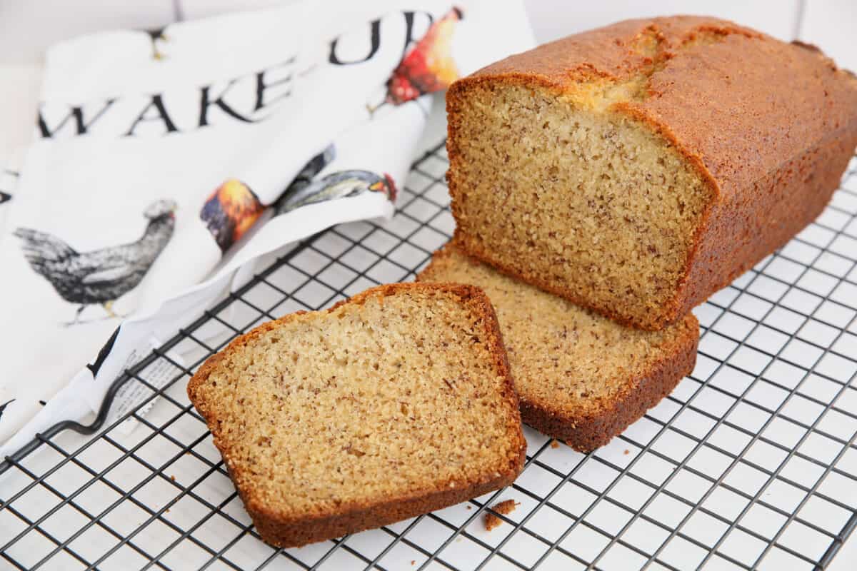 Buttermilk Banana Bread on a black cooling rack 