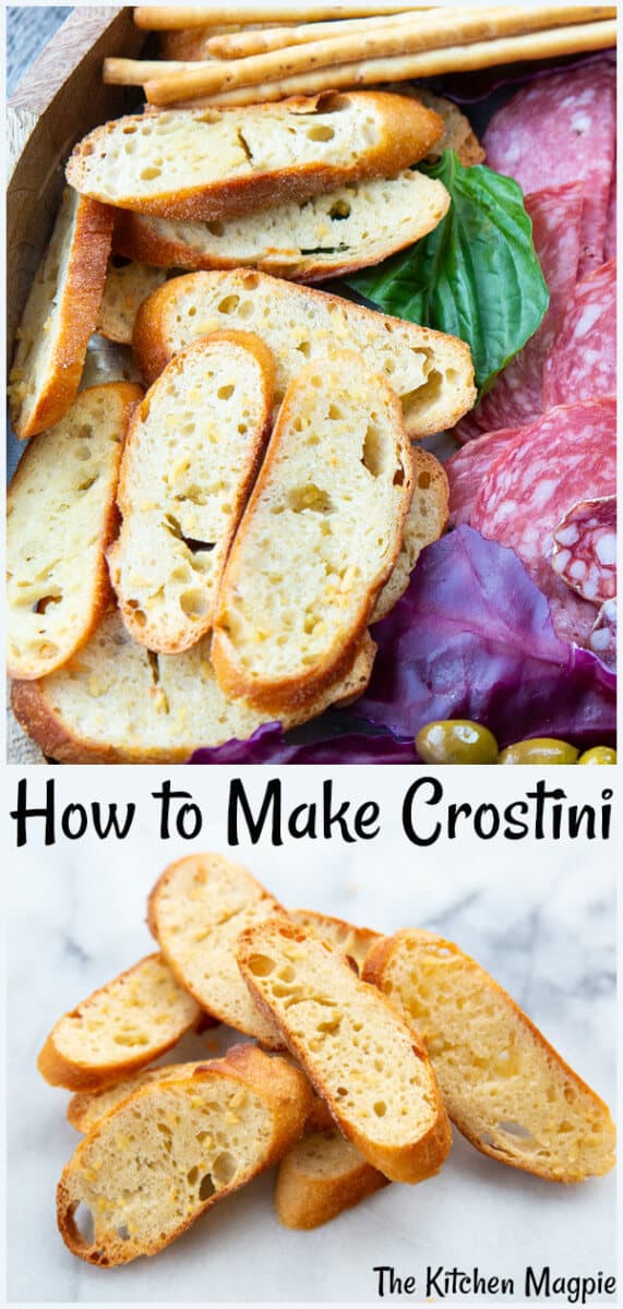 How to make crostini, which are small slices of French baguette bread that are baked up into crispy bread crackers that are used for snacks and appetizers. #crostini #appetizer #crackers