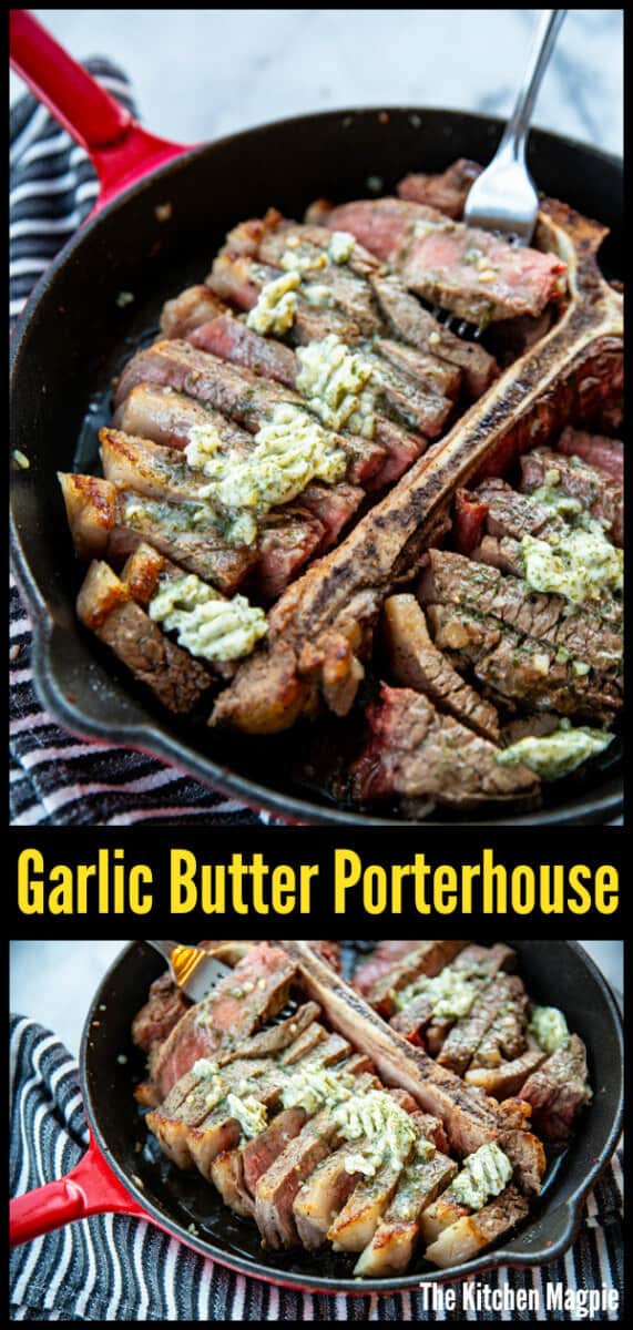 This juicy, decadent porterhouse steak is cooked to perfection then slathered with a garlic dill butter compound that just takes it over the top! #steak #porterhouse #garlic #butter