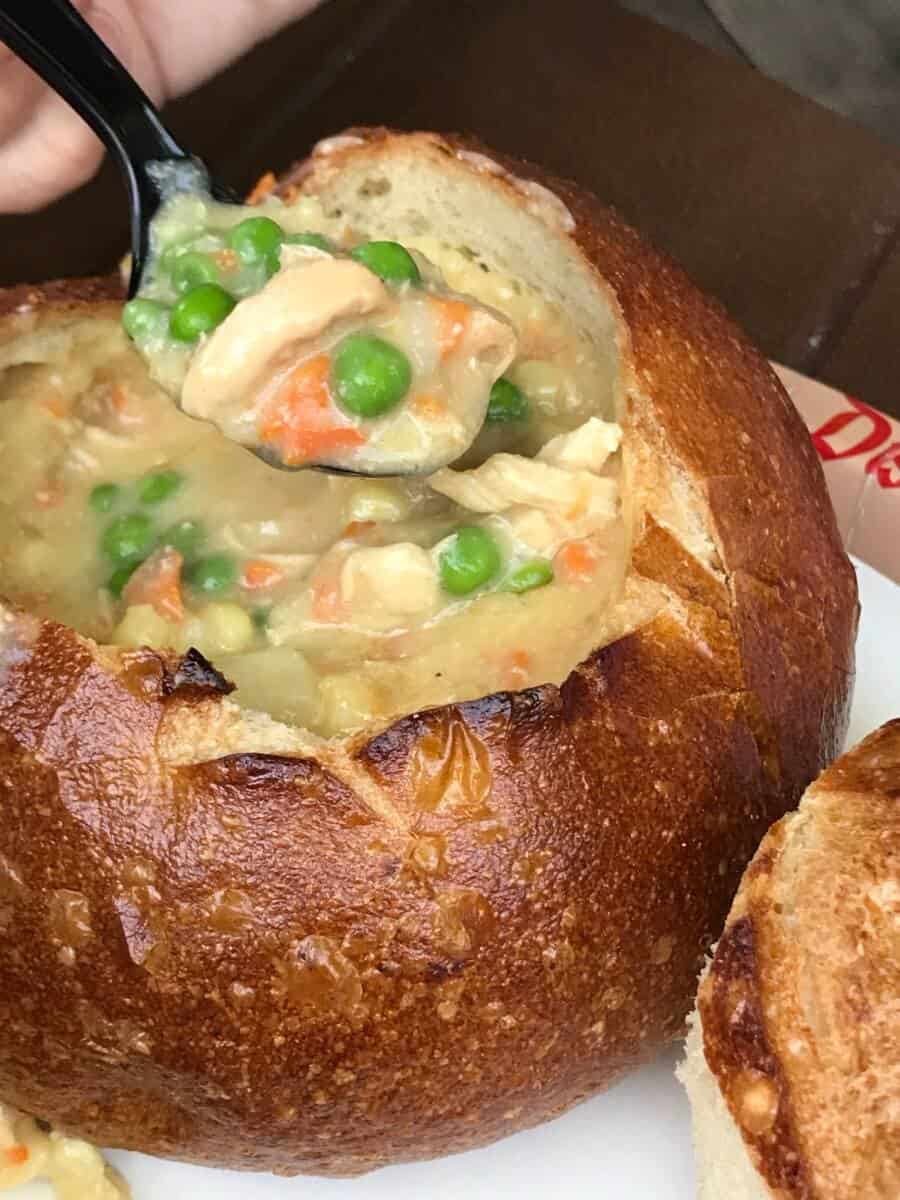 Chicken Pot Pie soup in a bread bowl