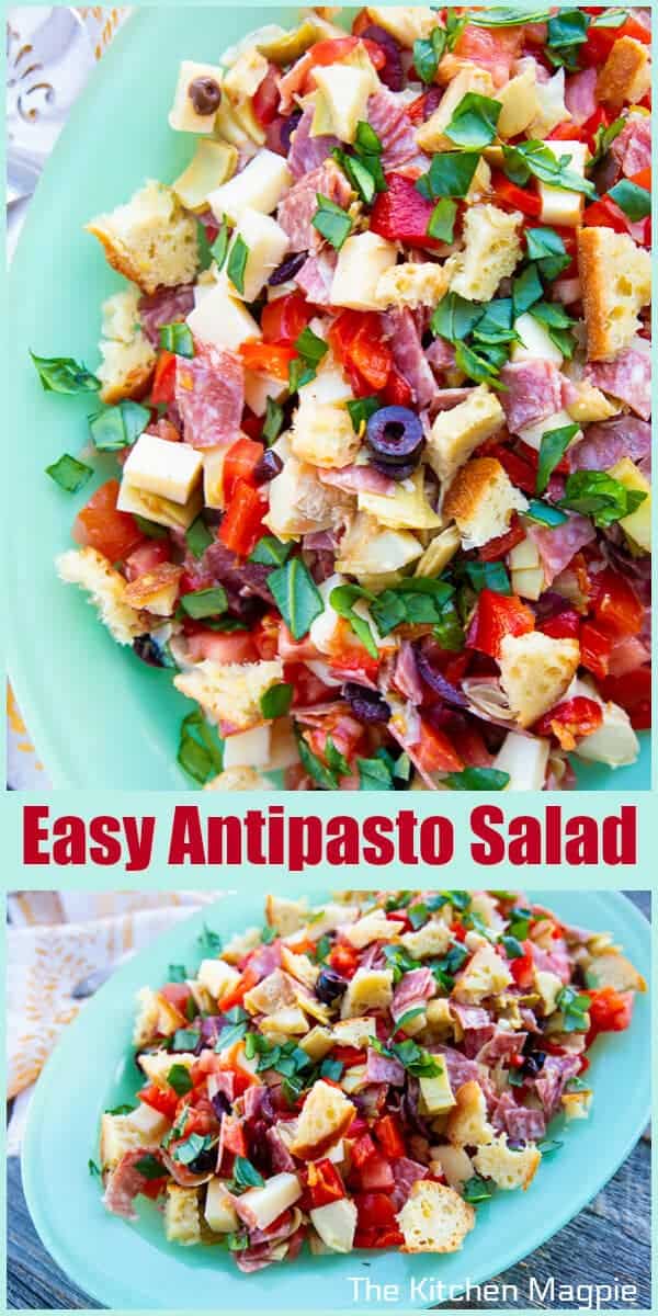Easy, simple and delicious homemade Antipasto Salad using buttery homemade garlic croutons, olives, tomatoes and so much more!