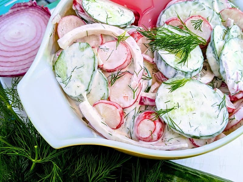 Dilled Creamy Cucumber Salad in medium-sized bowl