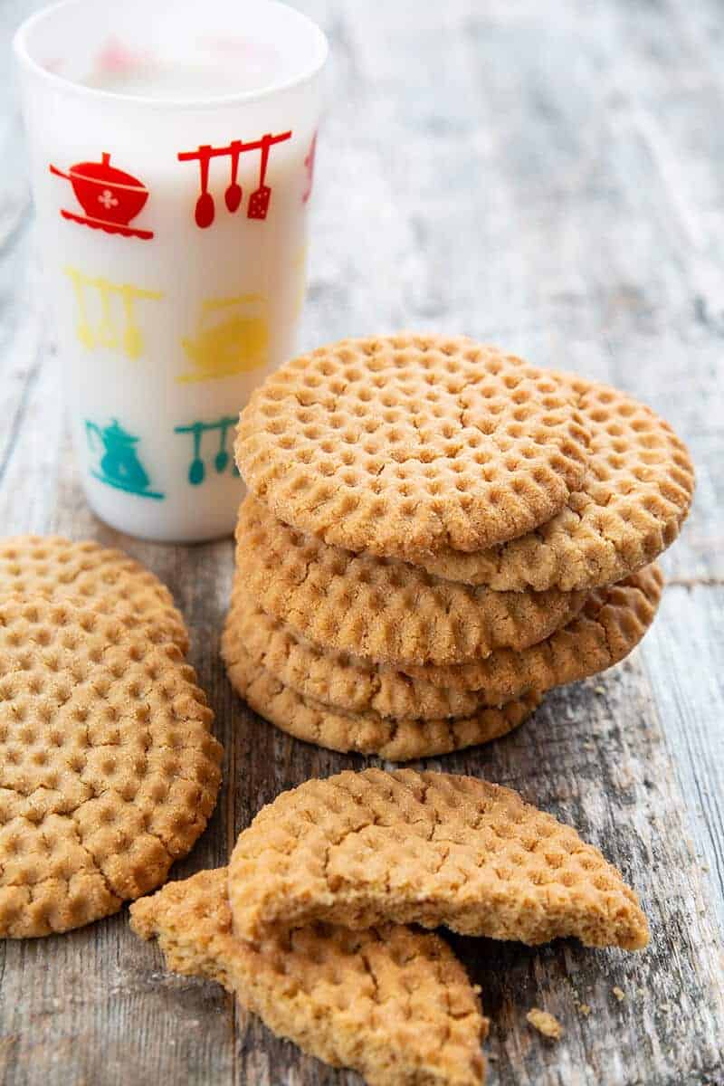 stack of Crispy Peanut Butter Cookies in wood background