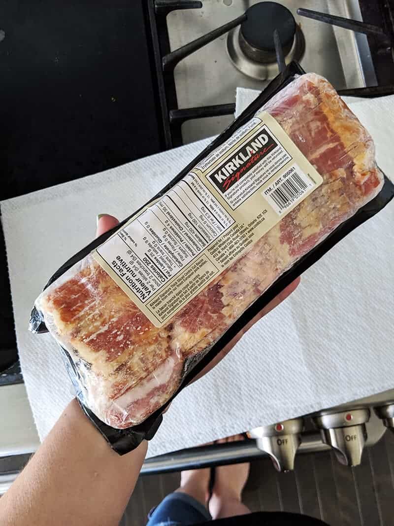 a pack of raw Kirkland brand bacon