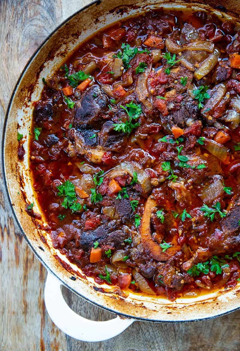 close up Osso Bucco in skillet 