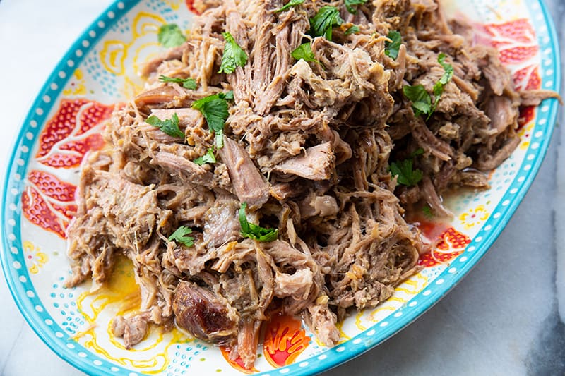 Hawaiian Style Kalua Pork in a blue serving plate