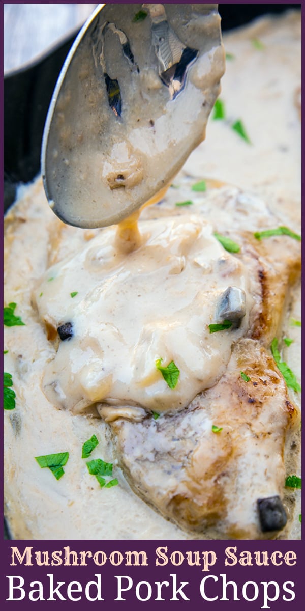 There is nothing more classic than delicious baked pork chops with cream of mushroom soup. Make it in an oven safe skillet for a fast and easy one pot meal! #porkchops #mushroomsoup #mushrooms #dinner