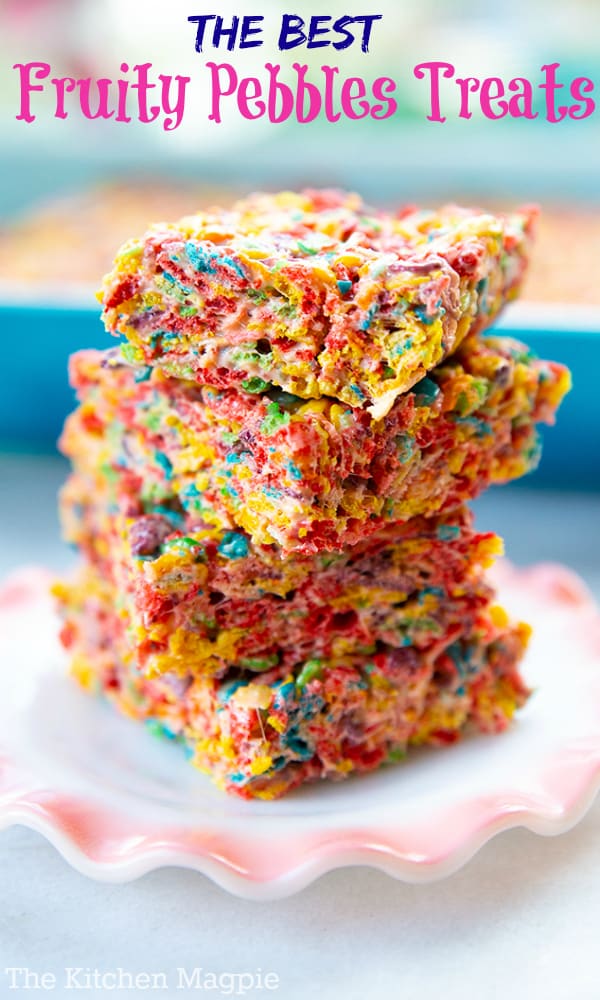 Everyone loves a good sticky, marshmallow gooey cereal bar and these fruity pebbles treats are a sugary fruit flavored delight! 