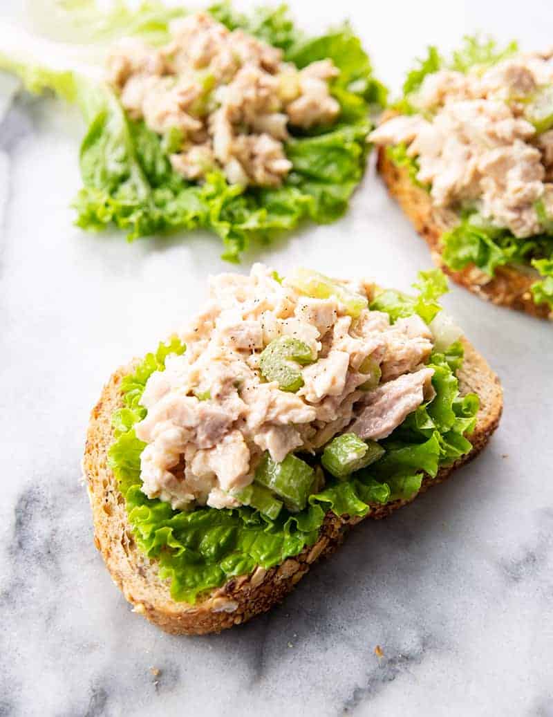 close up Old-Fashioned Chicken Salad on a marble background