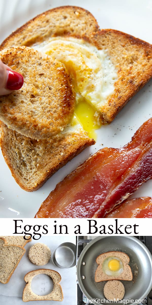 These eggs in a basket, also known as toad in a hole, are eggs cooked into the center of a piece of bread, fried in butter until golden brown and then enjoyed! #eggs #breakfast #recipes