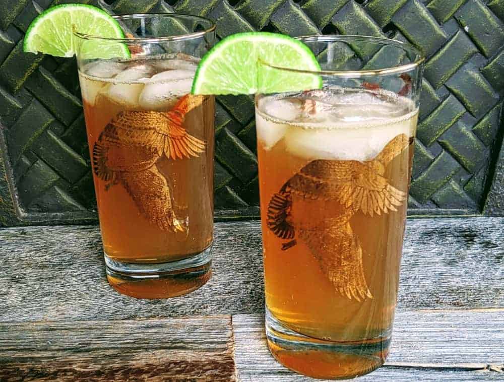 2 glasses of Dark and Stormy cocktail garnished with a lime slice.