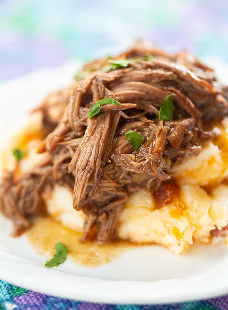 close up 3 Ingredient Shredded Beef with mashed potatoes