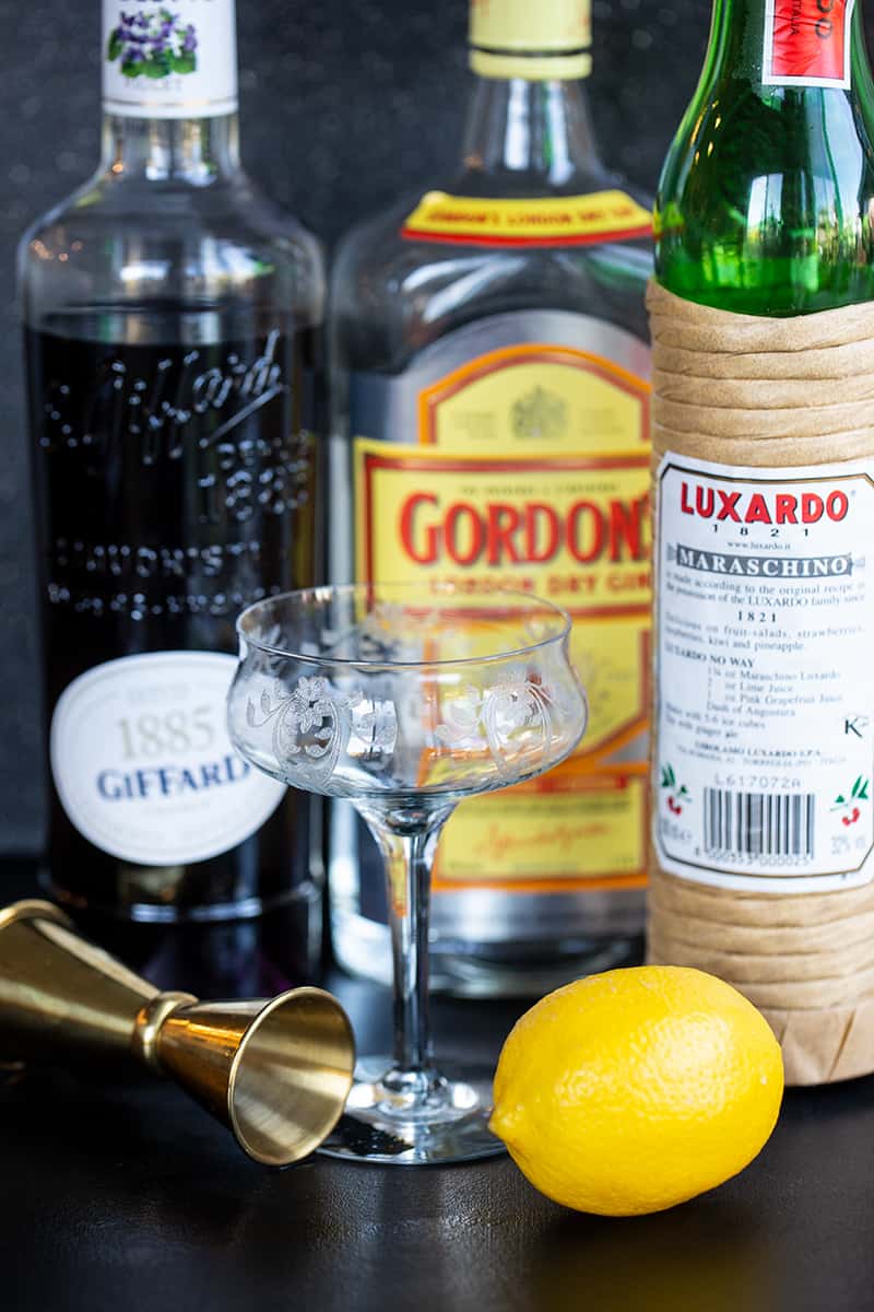 Aviation Cocktail Ingredients with a a coup glass