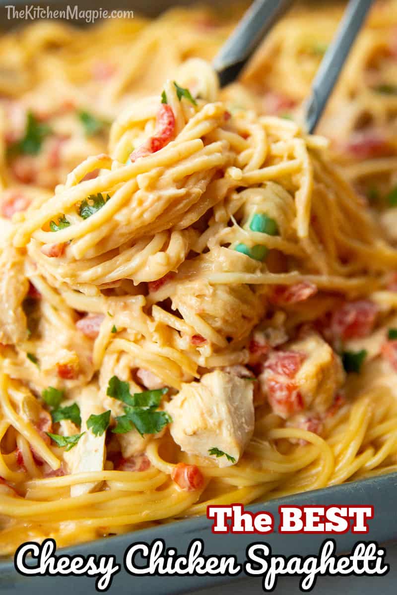 This the BEST, easiest, most delicious cheesy chicken spaghetti recipe you will ever try! Creamy, flavorful and full of cheesy goodness, your family will love it! #chicken #spaghetti #casserole