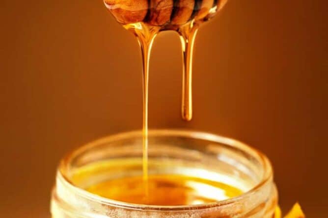 Honey in jar with honey dipper