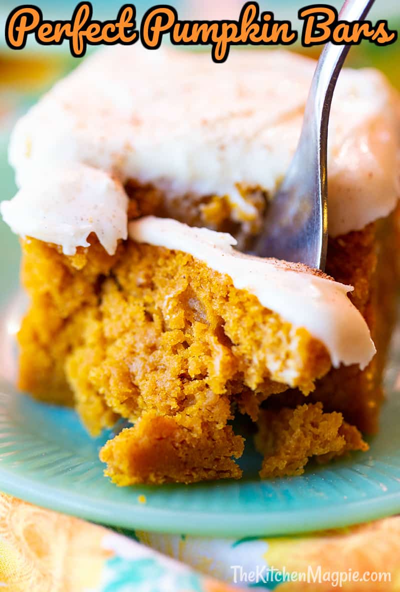 These decadent pumpkin bars are how pumpkin bars should be - luscious bars somewhere between a pie and a cake texture and tastes like eating a pumpkin pie - but easier to make! 