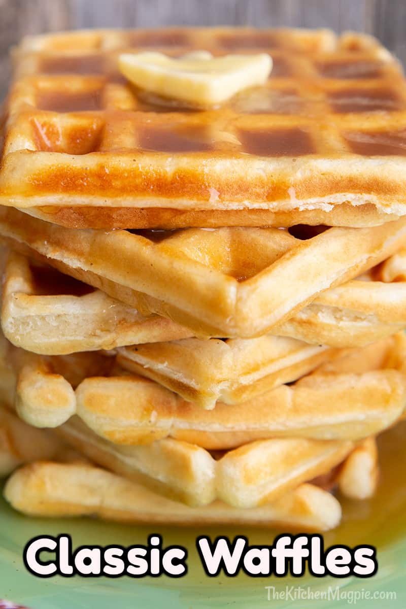 close up stack of fluffy Classic Waffle topped butter and maple syrup