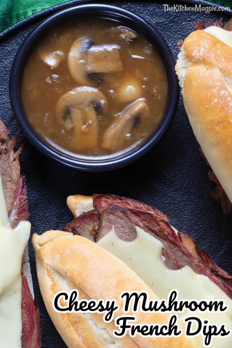 These French dip sandwiches can be made in the Instant Pot or slow cooker and are loaded with tender beef, fried mushrooms and Swiss cheese! #dinner #easyrecipes #family #beef #sandwiches