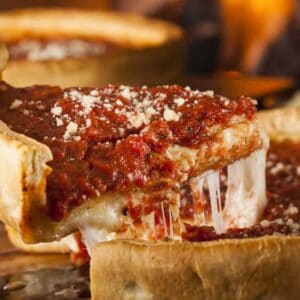 close up slice of a Chicago Style Pizza