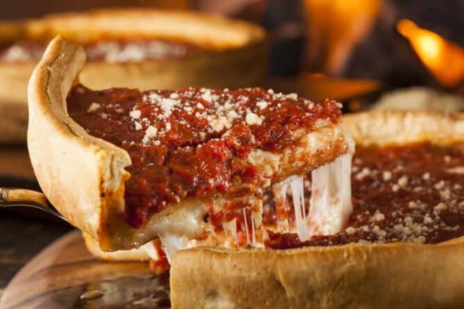 close up slice of a Chicago Style Pizza