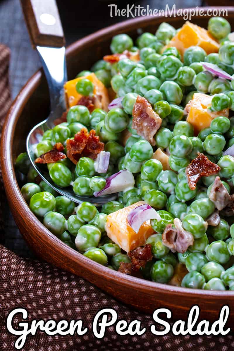 This bacon, cheddar and green pea salad is a classic! Use fresh or frozen green peas, real bacon and cubed cheese.