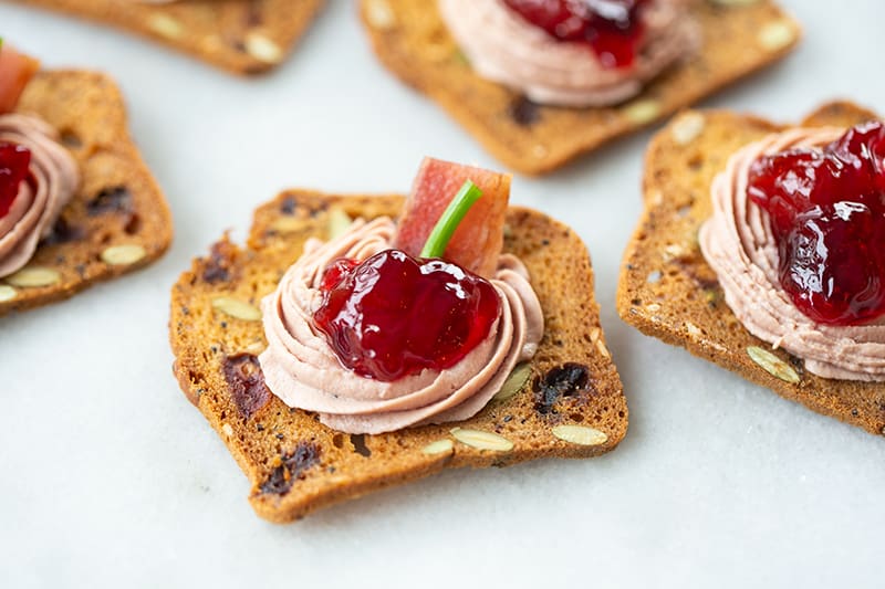 Classic Liver Canapé with sour cherry jam and chopped chives