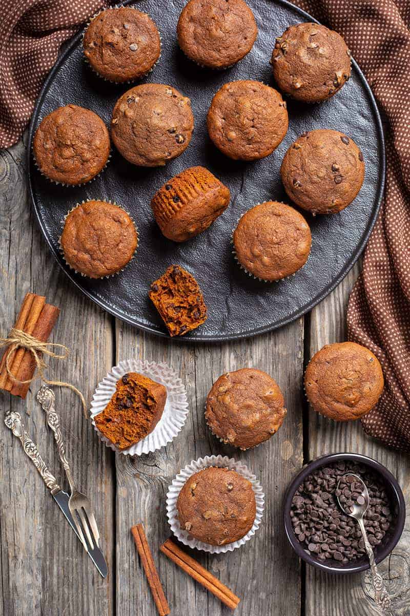 close up double chocolate pumpkin muffins, cinnamon sticks and chocolate chips on wooden background with polka dot brown tablecloth
