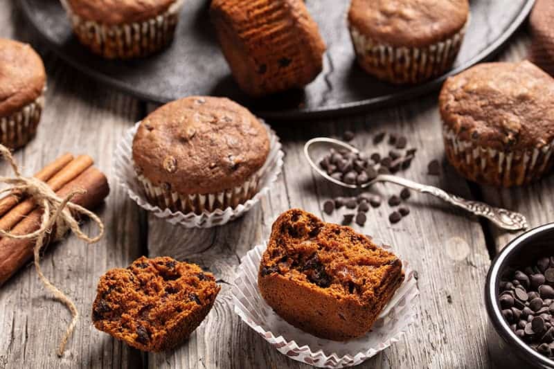 close up double chocolate pumpkin muffins on polka dot liner, cinnamon sticks and chocolate chips