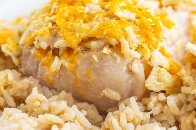 close up white bowl with tender pork chops and rice baked in a delicious mushroom soup sauce