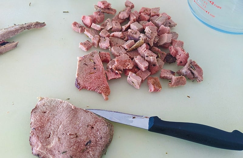 leftover beef diced into small cubes using a knife