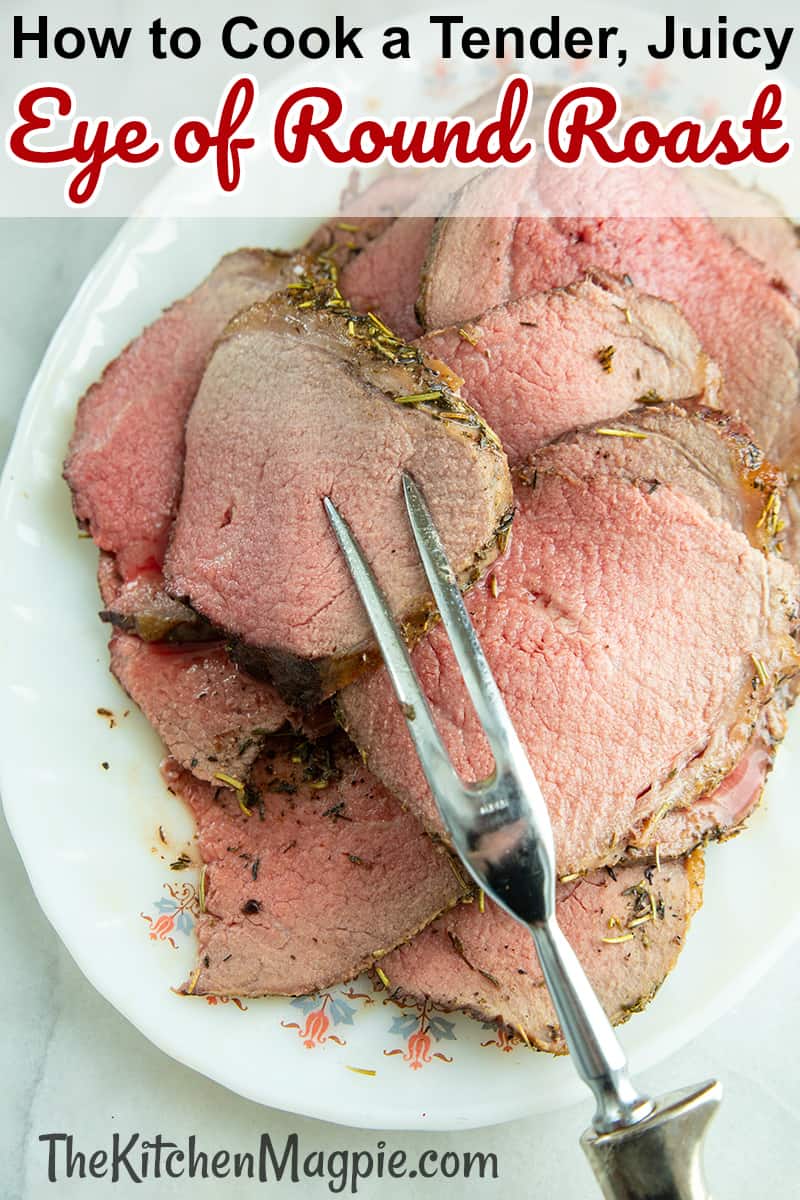 This is the best way to cook an eye of round roast, a less tender cut of beef. High heat and searing a buttery herb mixture onto the top, stuffing it with garlic and a a low, slow cook yields a tender, juicy, delicious roast! 