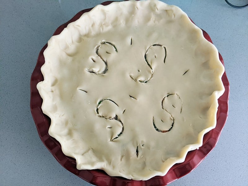 beef and vegetable filling encased with two crust pot pie in a red pie plate 