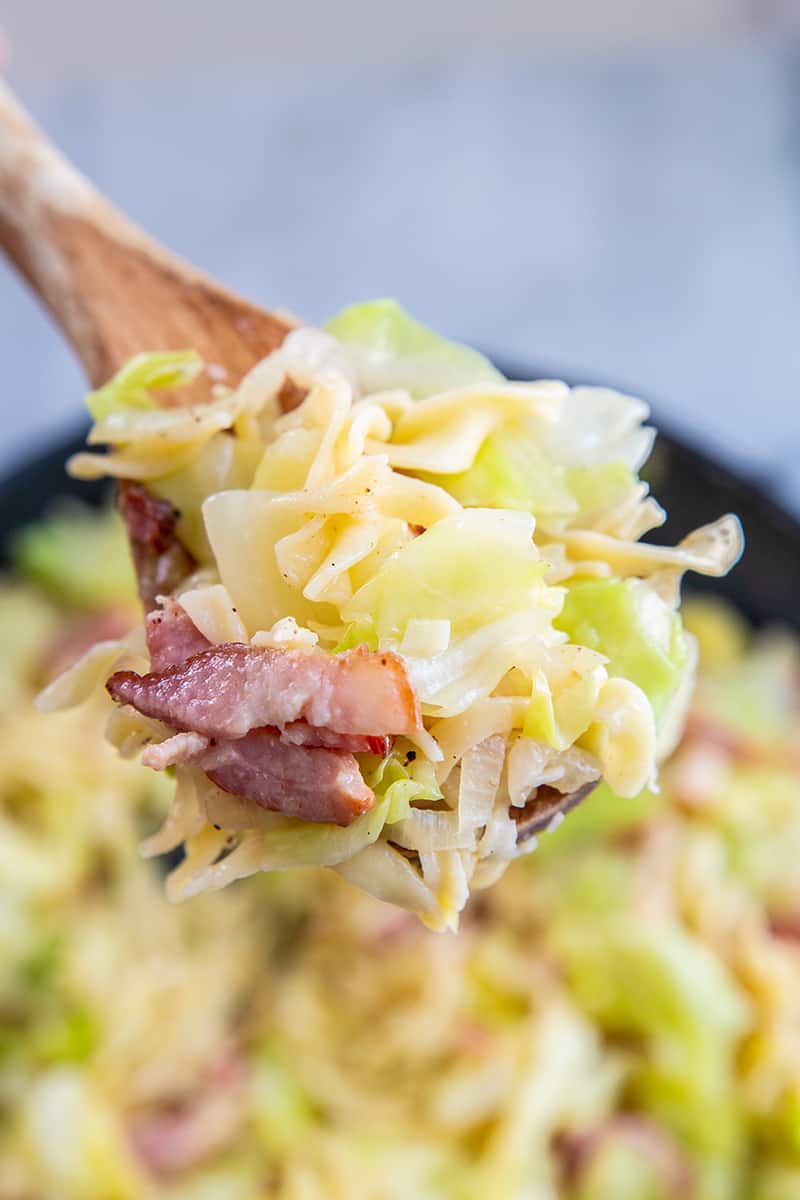 close up fried cabbage and noodles with wooden spoon