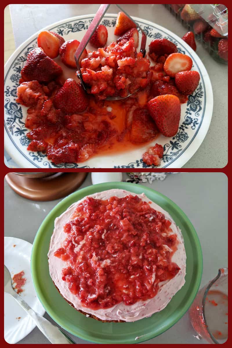 collage of crushed fresh strawberries in a plate and on top of cake