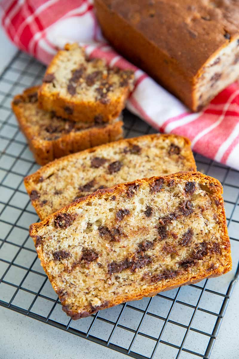 Close up Slices of Chocolate Chip Sour Cream Banana Bread on Cooling Rack