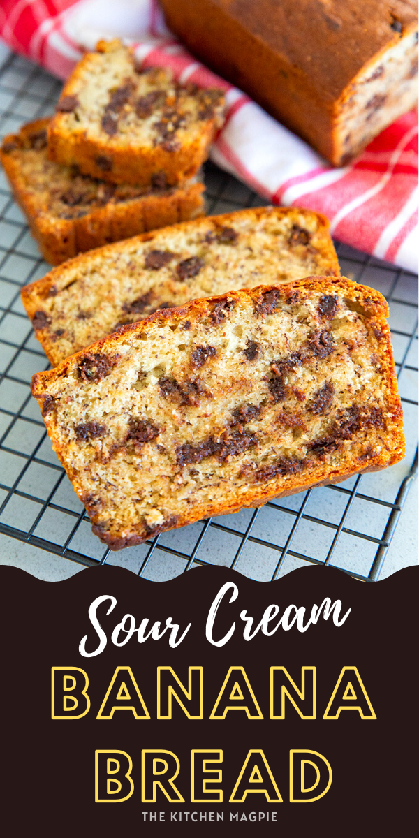 The BEST sour cream banana bread recipe - decadent and loaded with chocolate chips! The sour cream really adds a lovely tang and makes an incredibly moist banana bread! #bananabread #chocolatechip #sourcream #banana #baking #recipe