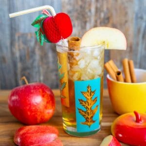 Apple Cider Cocktail in a turquoise and gold glass on a wood board surrounded by cinnamon sticks and apples.