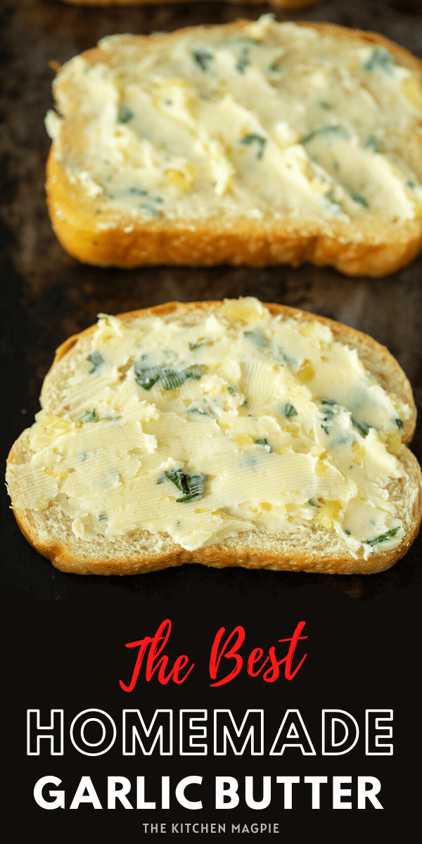 This easy homemade garlic butter is only 4 ingredients and takes 5 minutes to make at home! You'll never use storebought again! #garlic #butter #garlicbread